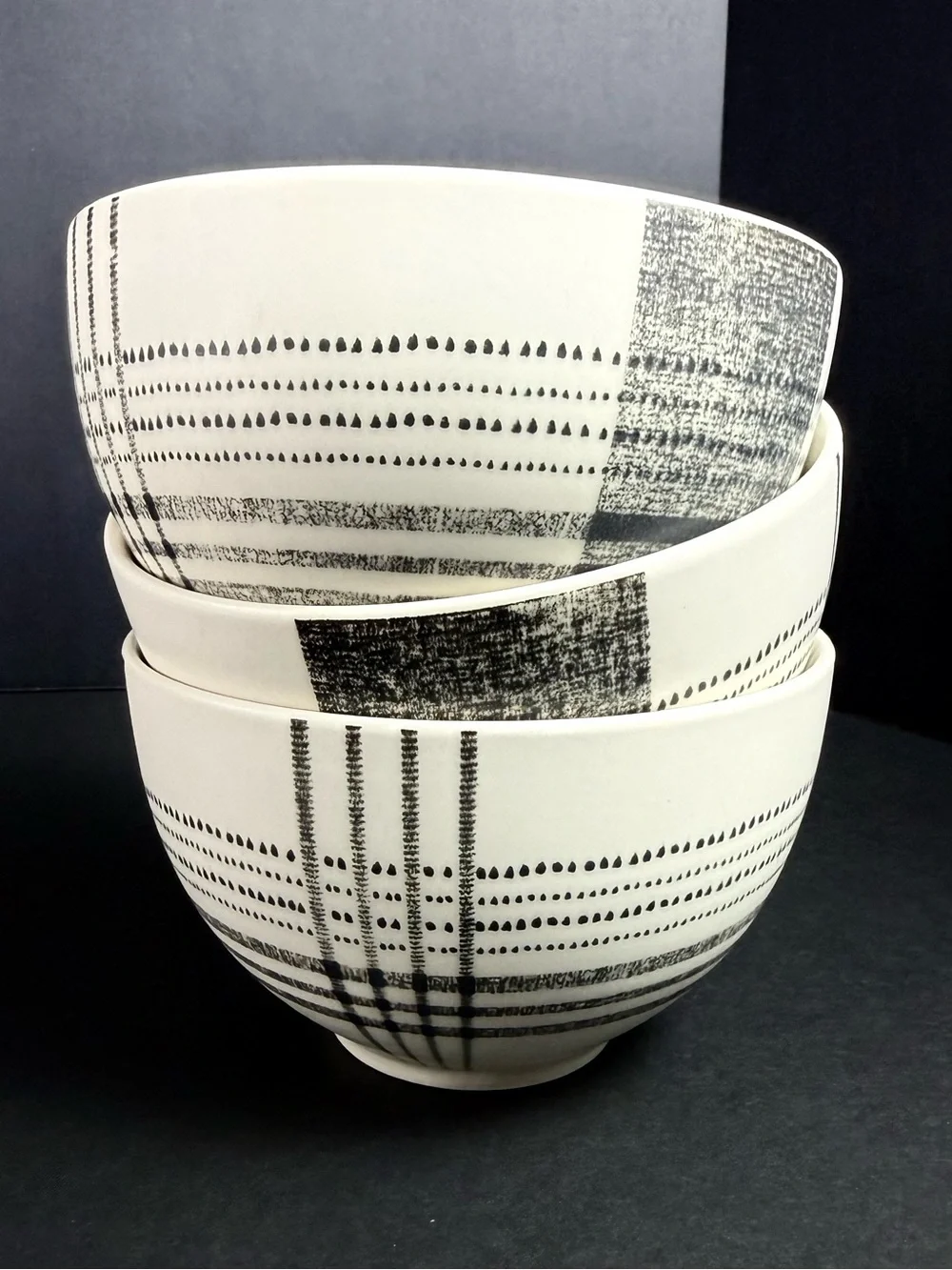 Set Of 3 Retired West Elm Black Original Plaid Cereal Bowls Stoneware